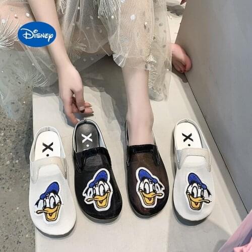 Disney Sandals Slippers Female Lazy Half-baotou Slippers Female 2021 New Donald Duck Flat Cartoon Mesh Breathable Female Sandals