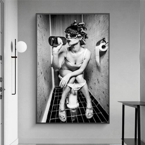 Nordic Sexy Girl Sits in a Toilet Canvas Painting Posters and Prints Wall Art Picture Cuadros Pub Bar Home Decoration Room Decor