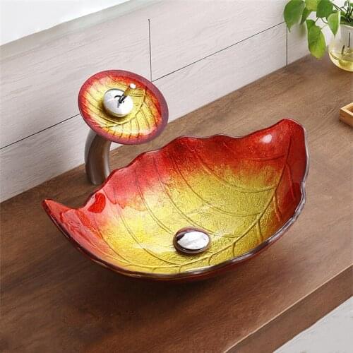 Tempered Glass Wash Basin Leaf Shape Bathroom Wash Basin Sink Above Counter Basin Household Hotel Creative Art Basin Washbasin