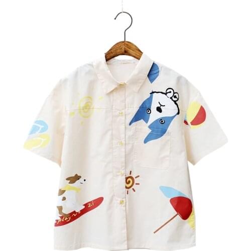 MERRY PRETTY Women Cartoon Dog Print Short Sleeve Blouses 2020 Summer Turndown Collar Pockets Shirts For Femme Casual Top Blusas