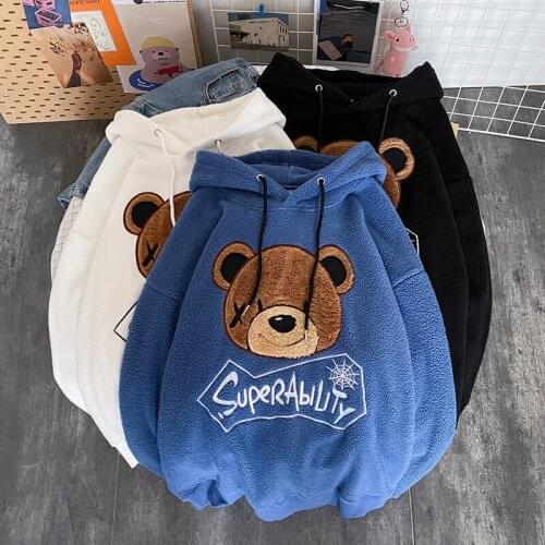Blue Harajuku Japanese Sweatshirt Women Casual Autumn Black Bear Hoodies Long Sleeve Pullover Loose Couple Jumper Hoodie Females