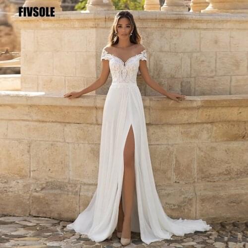 Bohemian Boho Wedding Dress Robe De Mariee Side Slit Chiffon Appliques Beach Long Bride Dresses Sheer Neck Cap Sleeves Plus Size