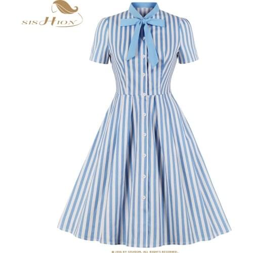 SISHION Black Red Blue Cotton Striped Dress VD1053 Short Sleeve Vintage Swing Women Ladies Summer Dress robe femme 2021