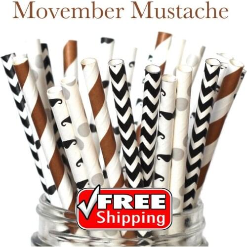 200pcs Mixed 4 Designs MOVEMBER MUSTACHES Themed Paper Straws-Black,Silver Brown-Stripe,Dot,Chevron,Mustache-Kids Birthday Party