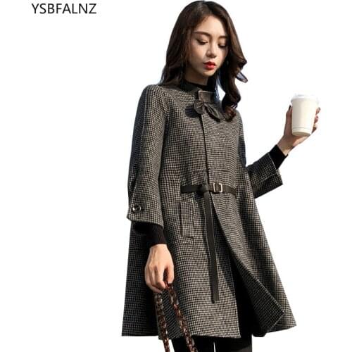 2021 Woolen Jackets Autumn Korean Womens Vintage Splicing Lattice Coat Stand Belt 3/4 Sleeve Long Cloak Fashion Casaco Feminino