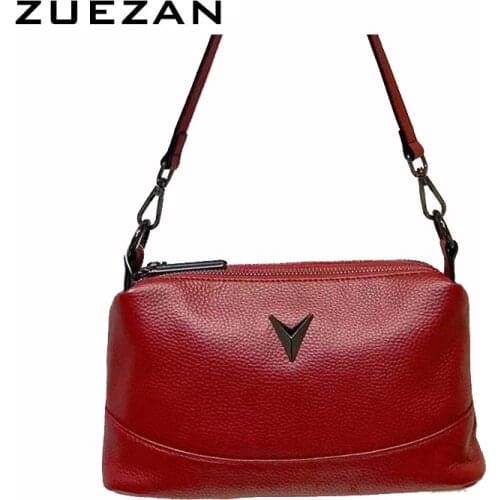 3 Zippers, 2 Straps, Women Genuine Leather Messenger Bag, Female Soft 100% Natural Cowhide Shoulder Cross-body Bag, T021
