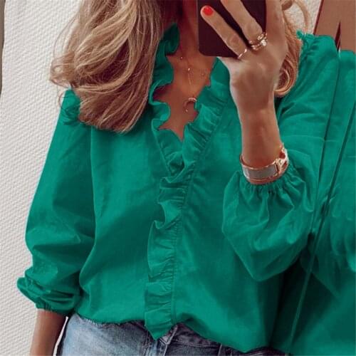 40# Summer Solid Color Ruffle Women Blouse V-neck Long Sleeve Casual Loose Pullovers Blouses Elegant Tunic Women Clothing