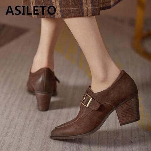 ASILETO New 2021 Ladies Pumps Pointed Toe 6cm Block Heesl Genuine Leather Buckle Simple Classic All-Match Casual B2306