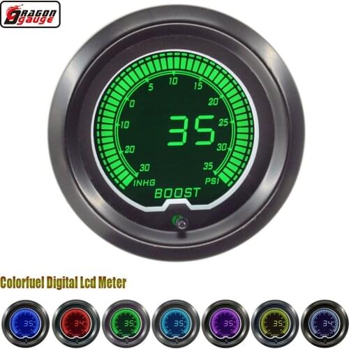 Dragon 52mm 7 Color Backlight Car Digital Auto Turbo Boost -30In.Hg-35PSI Meter With Sensor Turbin Pressure Gauge Free Shipping