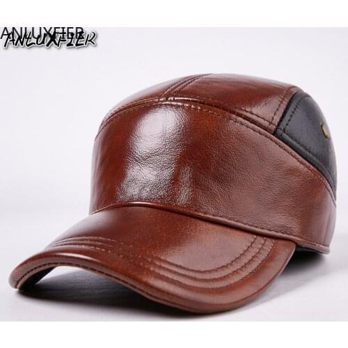 B-7193 New Arrival Autumn Winter Leather Hat Mens Genuine Leather Hat Ear Protection Warm Peaked Thickening Cap Elderly Hat