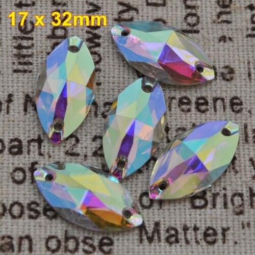 Free Shipping, 50pcs/Lot, 17*32mm Crystal AB / Clear AB Marquise resin sew on stones flat back sewing on stones