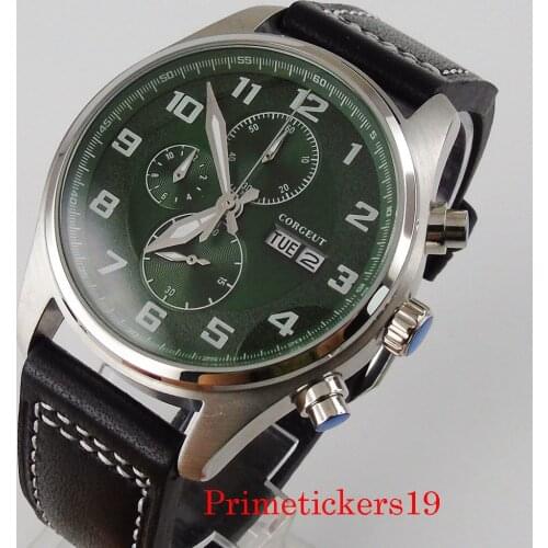 New CORGEUT 42mm day date chronograph quartz movement men watch leather strap calendar classic men watch