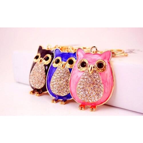 Cute Chunky Rhinestones Owl Keychains Colorful Crystal Keyrings Enamel Key Chain Bag Car Animal Keyring Wholesale