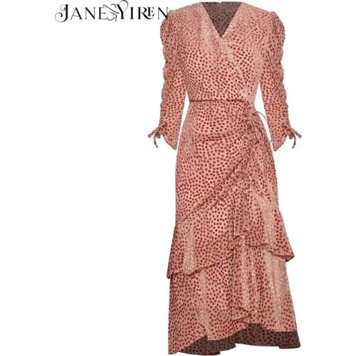 Janeyiren Fashion Designer dress Spring Autumn Womens Velvet Dress V Neck Dot Ruched Cascading Ruffle Asymmetrical Dresses