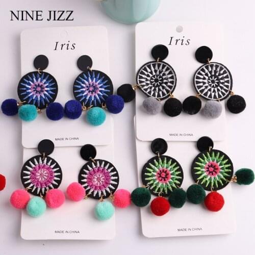 NINEJIZZ Bohemian Multicolor Pom Pom Earrings Handmade Tassel Earrings Statement Jewelry Vintage Ethnic Long Fringing Earrings