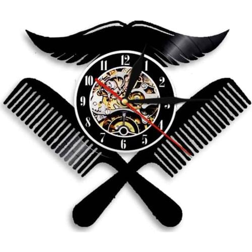 Moustache With Combs Barber Shop Logo Vinyl Record Wall Clock Hairdressing Hair Salon Wall Watch Wall Clock Hairdresser Gift