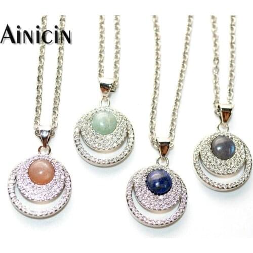 5pcs Silver Plating Round Small Face Shape Rhinestone Crystal Setting Pendant Natural Semi-precious Stone Jewelry Necklace