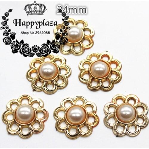 30PCS 24mm Golden Circle Flower Ivory Pearl Plastic Flatback Button Decoration Sewing Craft Scrapbook Accessories