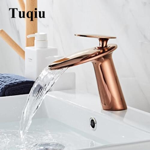 Basin Faucet Solid Brass Rose Gold Bathroom Faucet Cold And Hot Waterfall Mixer Sink Tap Single Handle Deck Mounted Gold Tap