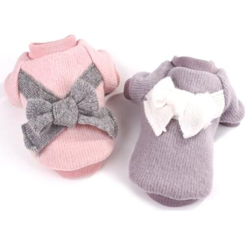 Pet Dog Sweet Solid Cotton Made Sweater Pink Gray Puppy Clothes With Beautiful Bowknot Decorated DC717