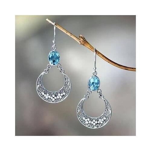 Vintage Dangle Earrings European American inlaid sea blue stone hollow earrings Retro Silver Plated Drop Earrings Indian Jewelry