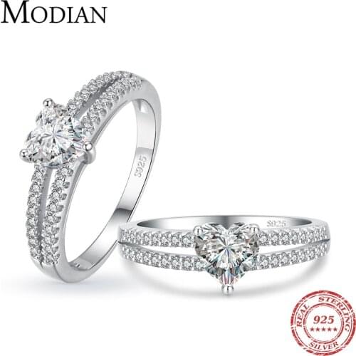 Modian 2021 Real 925 Sterling Silver Hearts Clear CZ Finger Rings For Women Romantic Double Line Wedding Statement Jewelry Gift