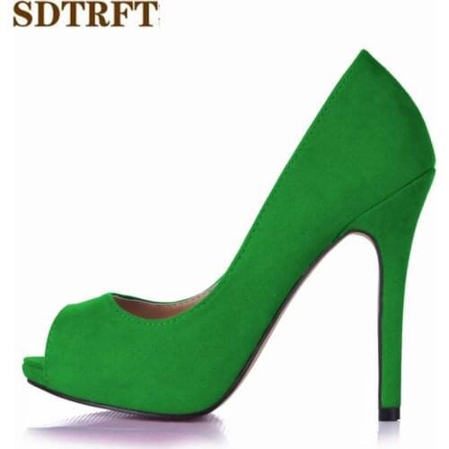 SDTRFT Stilettos zapatos Peep Toe 11cm Thin heels ladies Shallow Mouth Flock shoes woman Party pumps sapato feminino US10 11 12