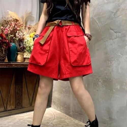 2021 Summer New Arts Style Women Elastic Waist Cotton Loose Casual Hot Pants Big Pocket Vintag Knee Length Wide Leg Pants D02