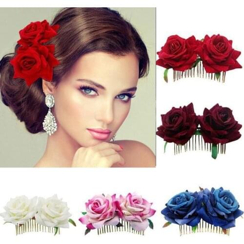 1PC Romantic Fancy Double Silk Artificial Rose Flower Comb Hair Clip Prom Hair Bridal Purple White Women Wedding Headpiece F6L5
