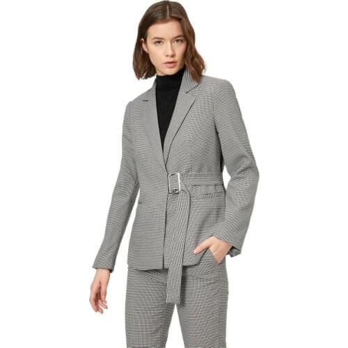 2021 Women Blazer Belted Plaid Gray Jacket Pocket Detail Coat Summer Cardigan Suit Classic Formal Elegant Office Business Luxury