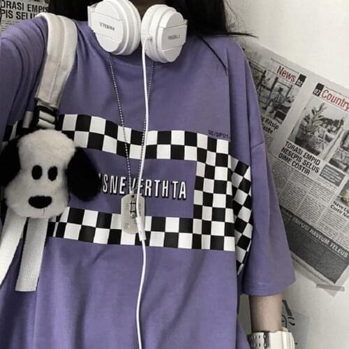Japanese plaid plus size hip-hop loose female dark Ulzzang tops casual Harajuku gothic punk Vintage short-sleeved fun T-shirt
