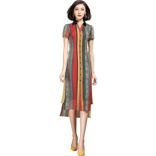 2021 Summer Short Sleeve Turn Down Collar Long Chiffon Striped Shirt Dress for Women