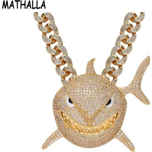 MATHALLA Hip Hop Iced Out CZ Shark Pendant Cuban Chain Necklace Micro Paved Cubic Zircon Exaggerated Men Animal Jewelry Joyas