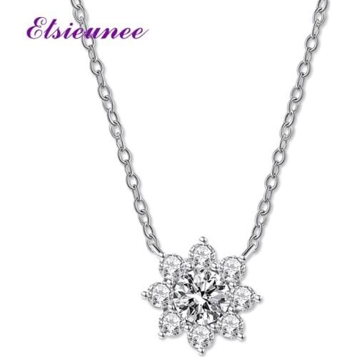 ELSIEUNEE New 100% 925 Sterling Silver Flower Design Simulated Moissanite Diamonds Wedding Pendant Necklaces Women Fine Jewelry
