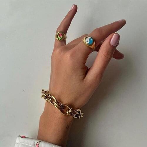 Tulip Daisy Enamel Rings Retro Y2K Colorful Heart Tai Chi Gossip Candy Color Metal For Women Drip Oil Jewelry 2021 New Trendy