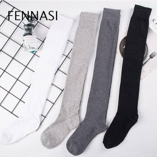 FENNASI Solid Color Cotton Womens Stockings Japanese Cute White Over Knee Stockings Black Breathable Thigh High Stockings