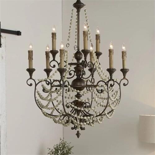 French Retro old Wooden Bead Chandelier living room Princess bedroom creative edge Claire wooden bead Chandelier