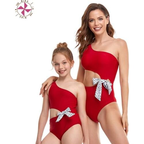 In The Wind Womens One Piece Swimsuit Parent-Child Family Matching Swimsuit One Shoulder Off Cut Out Beachwear