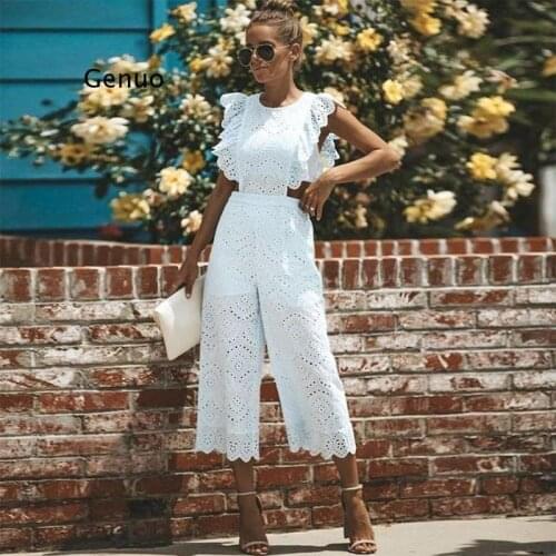 Women Jumpsuit White Elegant Sexy Hollow Wide Leg Ruffle Sleeveless Jumpsuits Women Summer Clothing Jumpsuits Femme