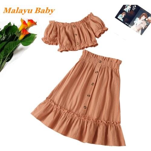 Malayu Baby Kids Girl 2Pcs/Suits 2021 Summer New Fashion Girls One Word Collar Short Top + Ruffle Skirt 2-6Y Children Costume