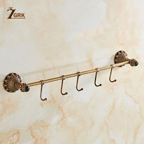ZGRK 1 Pcs 5 Hooks Wall Mounted Brass Bathroom Single Brushed Towel Bars Rack Kitchen Holder Sucker Hanger Supplies Bath 9010