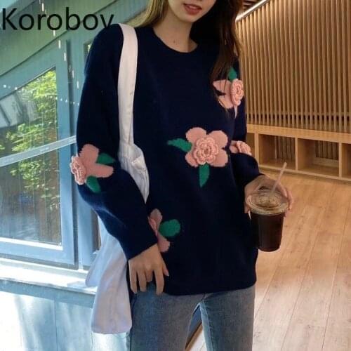 Korobov Autumn Winter New Japanese Sweet Sweaters Korean Rose Knit O Neck Long Sleeve Jumpers Vintage Elegant Chic Sueter Mujer