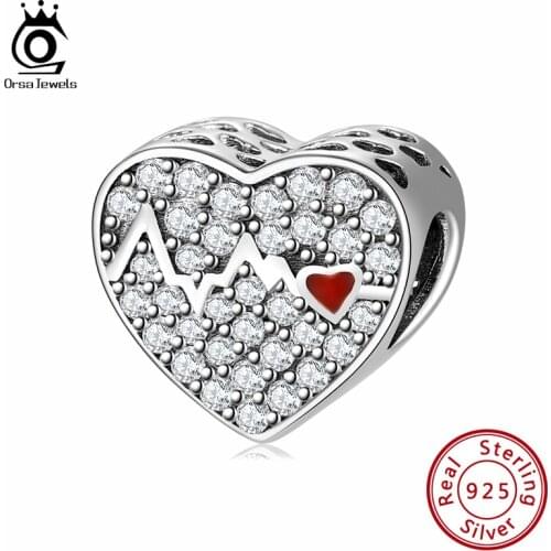 ORSA JEWELS 925 Sterling Silver Heart Bead Sparkling CZ Charm Fit Original Charm Women Bracelet DIY Jewelry Accessories CB157