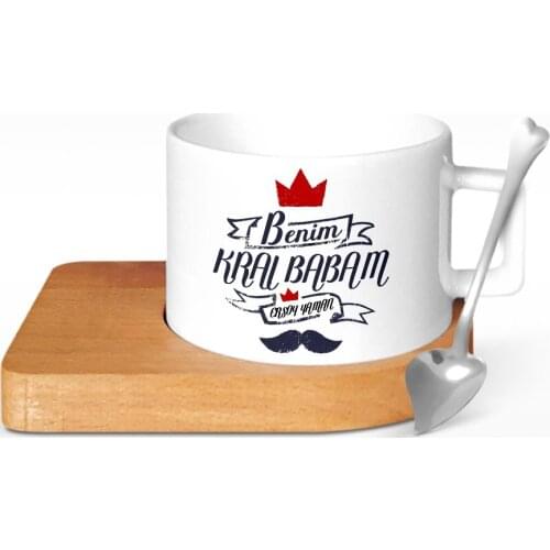 Personalized My King Dad Design Wood Altlıklı Ceramic Cup-1