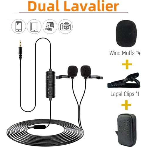 3.5mm Dual Lavalier Lapel Microphone Clip-on interview mic Audio Record for ios Android Smartphone for Camcorder Cameras