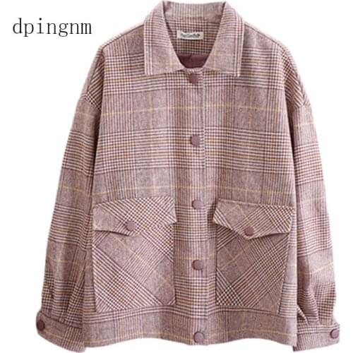 Fashion Za Vintage Women Patchwork Plaid Tweed Jacket single Breasted Pocket Long Sleeve Female Coat Casaco Femme