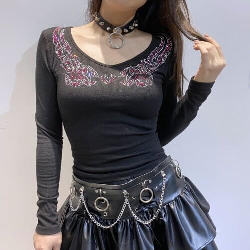 Casual Black Diamond V Neck Long Sleeve Women Tshirts Slim Elastic Knitted Female Tosp Autumn Streetwear Night Club Tops 2021