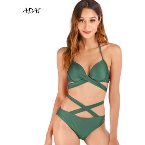 2021 Swimsuit 2 Pieces High Waist Women Bikini Sexy Solid Cross Hollow Out String Monokini V Waist Backless Bodysuit Swim Wear