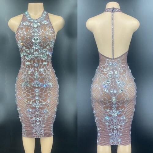 Mesh Silver Rhinestone Dress Transparent Halter Dress Birthday Celebrate Sleeveless Dress See Through Women Dance Outfit XS2650