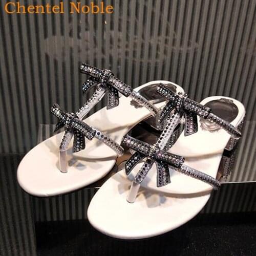 Bling Crystal Bow-knot Slippers Women Mules Shoes Slip On Med Heel Ladies Sandals Slipper Outside Summer Shoes Woman Beach